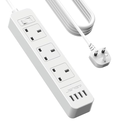 JSVER Extension Lead USB Power Socket with 3 Way 4 USB Charging Station Power Strip 3250W 13A with 5M Power Cord for Home and Office-White