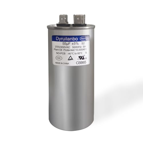 55 uF 55 MFD ±5% 370V/440V AC Motor Run Capacitor for AC Unit Compressor,50/60Hz CBB65 Round Capacitor Replacement for Air Conditioner Outdoor Unit, Heat Pump and HVAC
