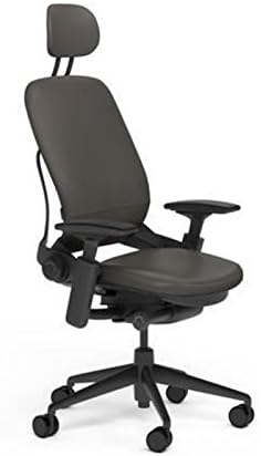 SteelcaseLeap Desk Chair with Headrest Soapstone Leather Seat and Back - 4-Way Highly Adjustable Arms - Black Frame and Base - Soft Dual Wheel Hard Floor Casters