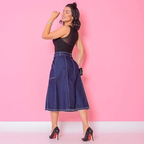 Saia Jeans Evangelica Evase Midi Elastano Botão Comportada (BR, Numérico, 44, Regular, Regular, Jean