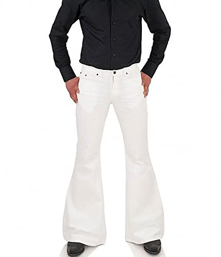 Men s Relaxed Vintage 60s 70s Bell Bottom Stretch Fit Classic Comfort Flared Flares Retro Leg Disco Denim Jeans Pants, White, Medium