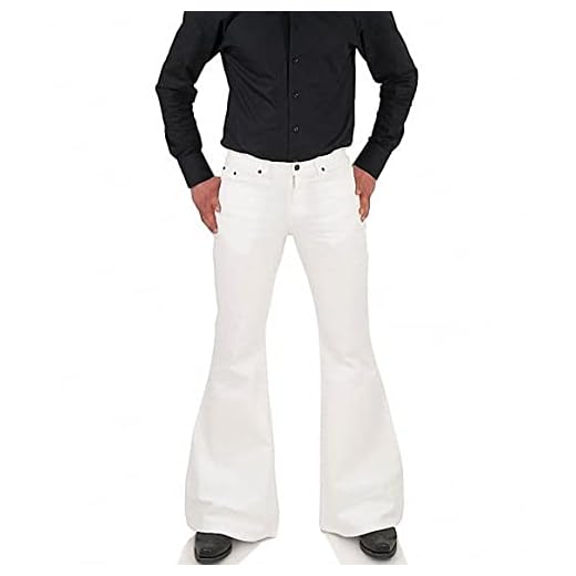 Men's Relaxed Vintage 60s 70s Bell Bottom Stretch Fit Classic Comfort Flared Flares Retro Leg Disco Denim Jeans Pants, White, Large