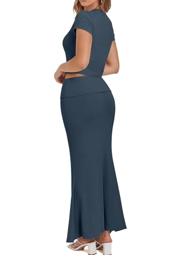 Image of CHYRII Womens Two Piece Sets Short Sleeve Crewneck Cropped Top Bodycon Fold Over Maxi Skirt Maxi Dress Outfit