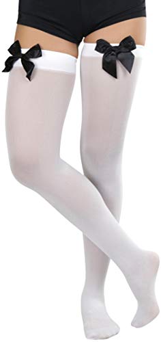 Image of ToBeInStyle Women's Opaque Long Thigh High Stockings w /Decorative Front Satin Bow