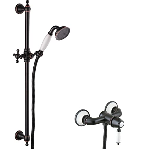 PaulGurkes Retro Duscharmatur Aufputz Nostalgie Set Schwarz Handbrause Duschstange Brauseschlauch schwarze Armatur Einhandmischer Duschschlauch Brausestange Halter Antik Vintage Landhausstil Bad