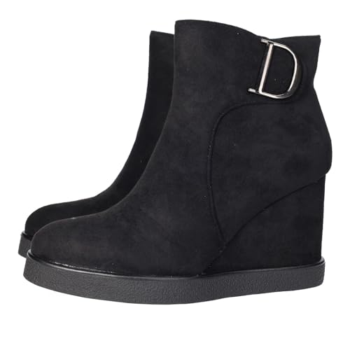 ZAPATOP W1027 Botines Negros con cuña para Mujer, Cremallera, con Detalle en el Lateral, Piso de Goma Antideslizante Mujer Botines Negro 38