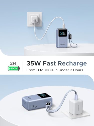 Image of UGREEN 55 W Power Bank 10000 mAh with Integrated Cable, Mi Turbo Charge for Xiaomi, 45 W PD Quick Charge Compatible with iPhone 17 /16 /15, External Mobile Phone Battery for Galaxy S25 Ultra and More