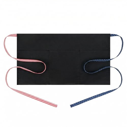 Image of BOHARERS 3-Pocket Waist Apron With American Flag Print Straps - Black Waitress Waiter Server Short Aprons