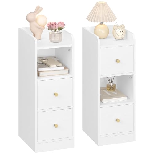 Hzuaneri Table de Chevet Lot de 2, Tables d'Appoint étroite avec 2 Tiroirs, Table de Nuit avec Compartiment Ouvert, pour Espaces Étroits la Chambre à Coucher, Salon,...