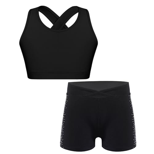 inhzoy Completo Sportivo da Allenamento Bambine e Ragazze Tuta da Ginnastica Artistica Danza Moderna Hip Hop Crop Top Sportivo Pantaloncini Sportivi Shorts Tracksuit Nero 9-10 anni
