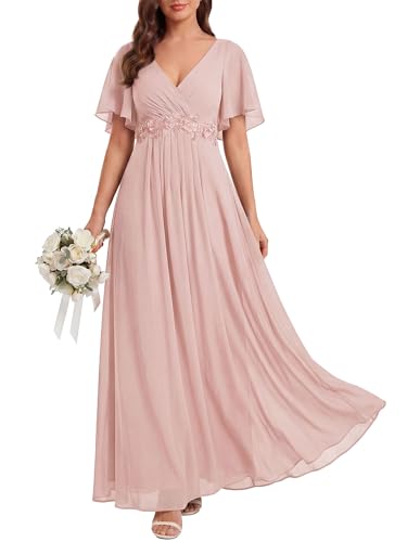 Image of Ever-Pretty Womens V Neck Applique Mother of the Bride Dresses Formal Dress | Chiffon, Short Sleeves, Ruched, A-Line, Bridesmaid Dresses, Formal Gown, Black Tie Dress