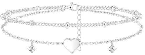Heart Ankle Bracelets for Women Waterproof, Sliver Plated Zircon Gemstone Charm Layered Anklets for Womens, Silver Boho Jewelry Gifts for Mom, Women Summer Beach Vacation Fashion Jewelry