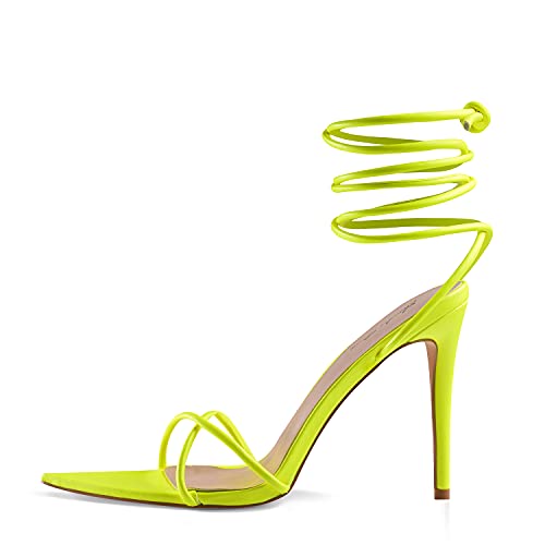 Elisabet Tang Heeled Sandals, Women's Sexy Strappy 4.3 inch Stilettos High Heels Lace Up Heeled Sandals Pointed Open Toe Party Dress Shoes Fluorescent Yellow Size 10