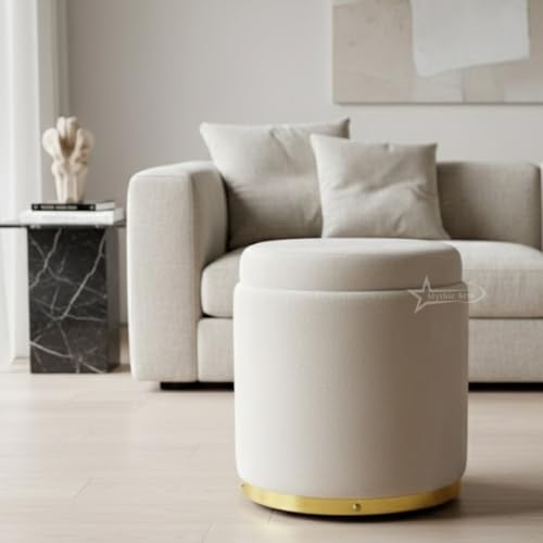 Image of Velvet Round Single Strip Ottoman Office Stool Foot Rest Stool Velvet Fabric Padded Seat Pouf Ottoman 13 X 13X 16 inch, in Round Shape for Living Room Cream