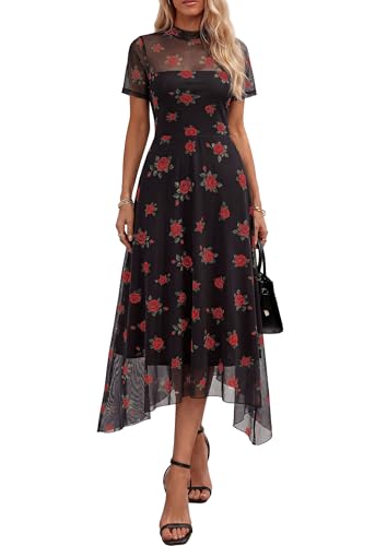 PRETTYGARDEN Womens Floral Mesh Midi Dress Floral Black Red L