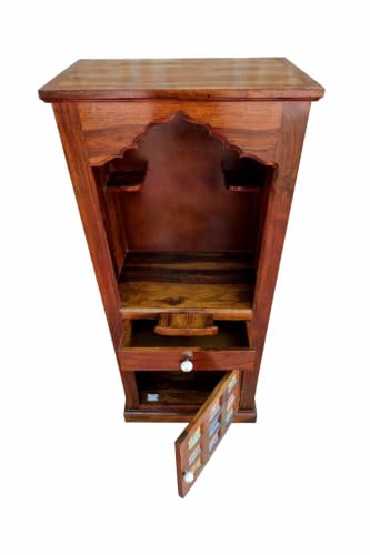 Image of Solid Sheesham Wood Temple for Home & Office /Mandir /God Stand /Pooja Stand /Home Mandap /Mandapam with Cabinet 1 Doors & Multiple Storage /Shelf with Drawers (Honey TmT1, 23x15x57 inch)