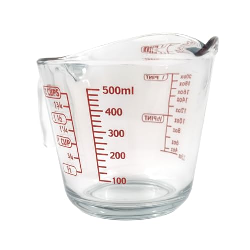 Chabrias Ltd 500 ml Glass Measuring Jug – Clear Tempered Glass with Red Graduations in ml, Cups & Pints – Dishwasher Safe & Freezer Safe Kitchen Measuring Cup (1)