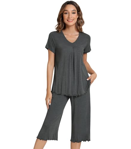Image of NACHILA Women's Pajama Sets Cooling Bamboo Viscose V-Neck Top & Capri Pants | Lightweight, Breathable, Moisture-Wicking, Buttery Soft, Ideal for Hot Sleepers, Night Sweats and Hot Flashes, Sleep & Lounge