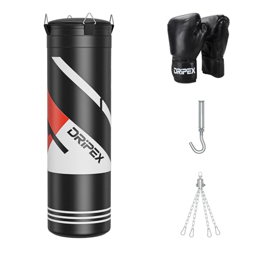 Dripex Saco de Boxeo Colgante para Adultos, Equipo de Entrenamiento de Saco Boxeo con 12oz Guantes, Cadena de Acero Giratoria de 360° para Kárate Kickboxing Muay Gimnasio en Casa (Sin Relleno)
