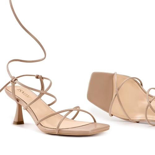 Image of ISNOM Strappy Sandals for Women Kitten Heels Lace Up Heels Stiletto Heels Wrap Around Heels with Square Toe