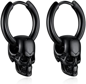 Bandmax Skull Earrings for Men Women Stainless Steel Skeleton Skull Head Hoop Earrings Stud Earrings Punk Gothic Earrings Halloween Jewelry