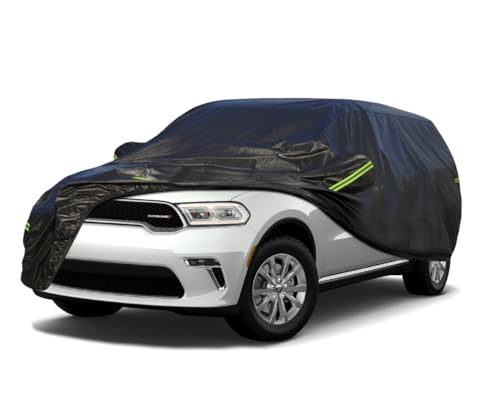 Image of KouKou Waterproof SUV Car Cover Suitable for Dodge Durango from 1998 to 2025, 7 Layers Windproof All Weather Waterproof Outdoor Cover Sun Rain UV Dust Snow Protection. Black