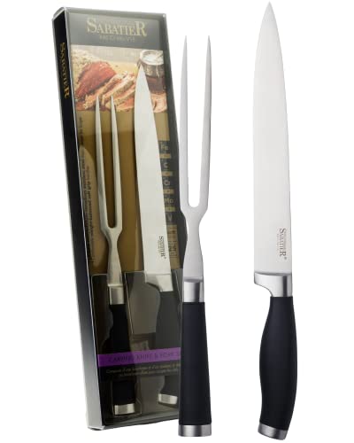 Sabatier Professional X45 Cr Mo V15 Stainless Steel 2 Piece Carving Knife & Fork Set Sharpe Knife Blade. Soft Comfortable Grip. Perfect for Your Christmas Roast.