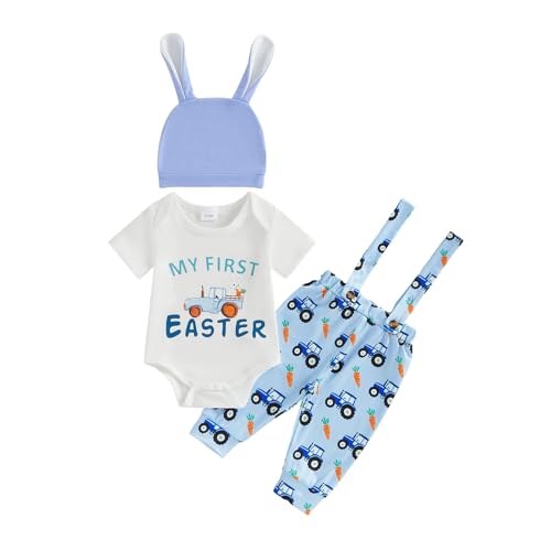 BeQeuewll My First Easter Baby Boy Outfit Infant Clothes Bunny Letter Print Shirt+Overalls Pants+Hats Spring Outfit Set (White 6-9 Months)