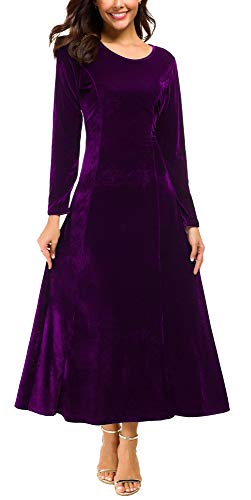 Image of Urban CoCo Women's Elegant Velvet Midi Dress Scoop Neck Long Sleeve Ruched