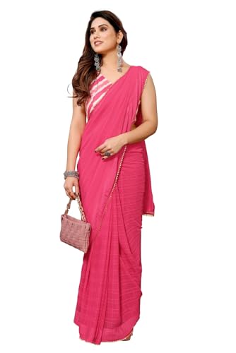 ROOP SUNDARI SAREES Women's Readymade Pleated Pre Drape Stitched Marble Georgette Sarees For Women With Lace Border & Solid Blouse Piece (Pink Ready To Wear One Minute Saree)