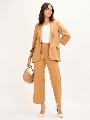 Spunky-Biscuit Brown Ruched Sleeve Blazer for Women, Moss-Lycra Fabric, Shawl Collar, 3/4th Sleeves, Imported3