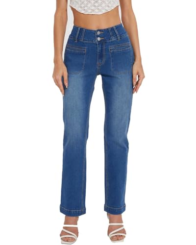 KIWI RATA Wide Leg Jeans for Women, High Waisted Straight Leg Loose Stretchy Jeans, Boyfriend Baggy Denim Pants