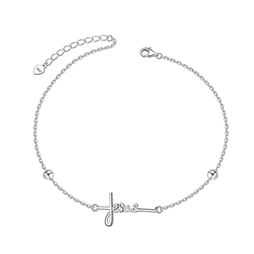 Yearace Beach Anklets For Women 925 Sterling Silver Boho Beach Foot Chain Beaded Jesus Cross Anklet Religious Gift For Women Girls, 9-10 Inch #TOP28
