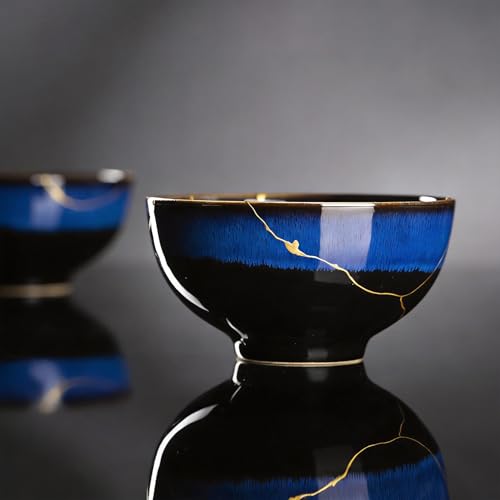 KANELASURI Kintsugi Bowl with 24K Gold Handmade Blue Ceramic Wabi Sabi