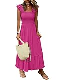ANRABESS Womens Summer Sleeveless Maxi Dress Square Neck Smocked Boho Casual Ruffle Strap Flowy A-Line Long Beach Sundress Hot Pink Medium