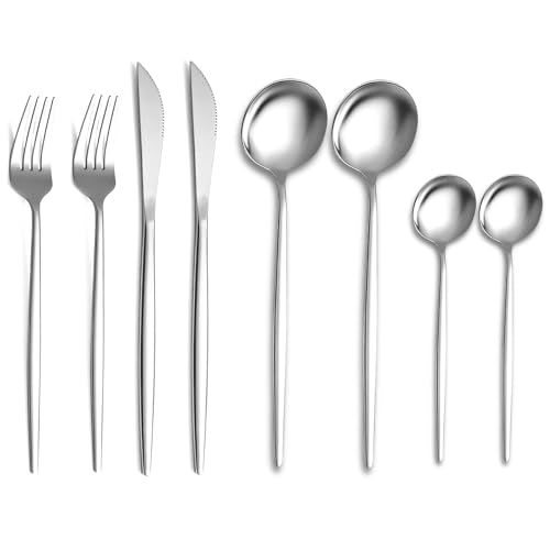 Image of aDai Sterling Silver Silverware Set | Satin Finish 8-Piece Stainless Steel Flatware Set | Dishwasher Safe Cutlery for Home, Restaurant & Gifting