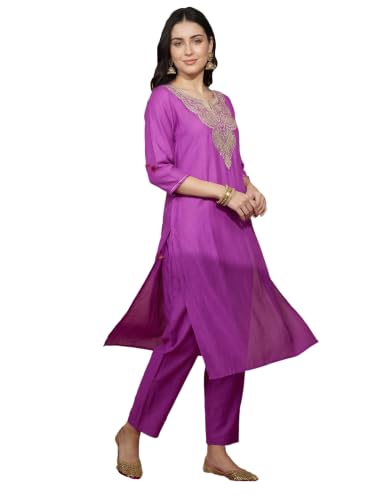 Image of INDO ERA Women's Silk Blend Embroidered Zari Work Straight Kurta & Pant Set | Cord Set For Women