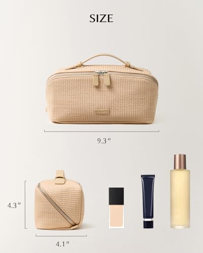 Image of EACHY Travel Makeup Bag, Woven Travel Waterproof Toiletry Bag, Portable 180 Wide-Open Flat Cosmetic Bags for Women, Large Capacity Makeup Pouch with Divider and Handle