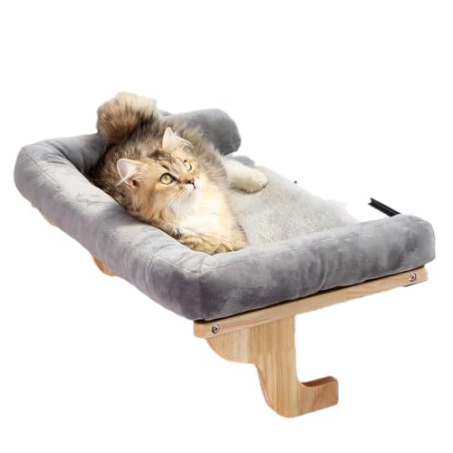 猫用 窓枠パーチ クッションボルスター付き 高級広葉樹・頑丈なメタルフレーム - 大型猫・子猫対応 猫窓座 - ナチュラルカラー木製フレーム&グレーベッド ファスナー式 組立簡単 洗濯可能 折畳み オールシーズン対応 日光浴 ストレス解消 耐荷重30kg