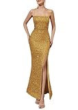  Onsoyours Robe Soirée Femme Brillant Paillettes sans Manche Cocktail Robes avec Fendue Élégant Taille Haute Sexy Sequins Épaules Party Dress A Or M