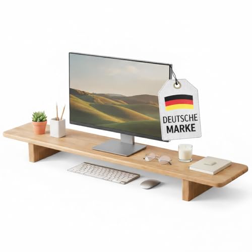 MNCH Markets Dual Monitor Ständer aus Holz, Ergonomischer Bildschirmerhöhung Schreibtischorganizer mit Kabeldurchlass, Naturholz Desktop Riser mit Ablagefläche für Büro und Home Office