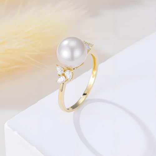 10K Solid Gold Pearl Wedding Ring for Women, Yellow Gold Moissanite 9mm Freshwater Pearl Flower Ring, June Birthstone Jewelry Gift Anniversary Birthday Christmas Gift for Her, Size 6-82