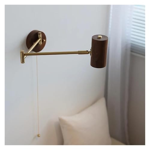 Applique da Parete A LED in Stile Nordico Moderno - Braccio Oscillante in Rame E Legno di Noce, Elegante Complemento D'Arredo per Bagno E Camera da Letto, Lampada D,Pull Chain Switch