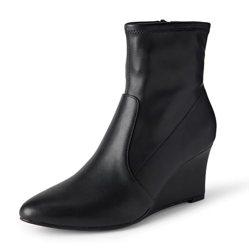 Amazon Essentials Women's Wedge Zip Ankle Boots, Black Faux Leather, 6.5