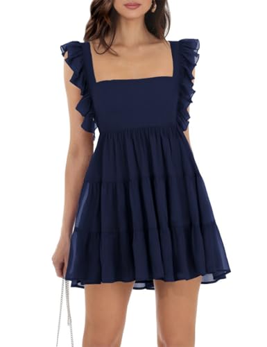 Image of Women's Summer Square Neck Tie Back Ruffle Sleeve Tiered Casual A-Line Short Mini Dress