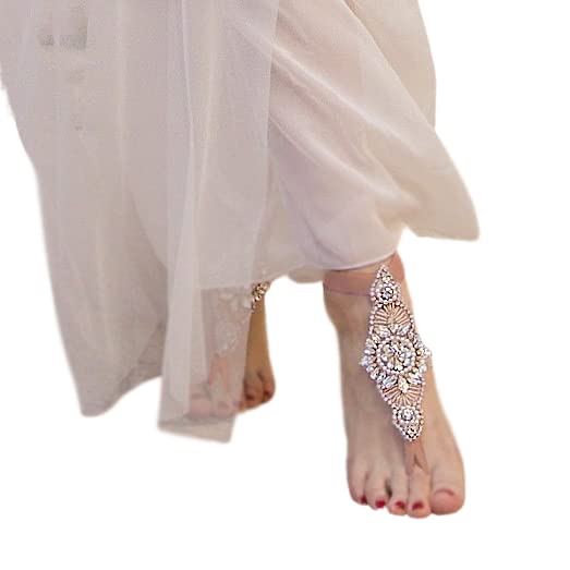 Handmade Bridal Barefoot Sandals Crystal Women Foot Jewelry, Beach Wedding Bride Shoes, Sand Walking Shoe Alternative, Beach Party Outfit (Rose Gold 2)