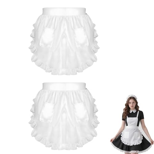 LURVOUS 2 Stück Kochschürze Damen, Dienstmädchen Schürze Rüschenschürze Weiße Taillenschürze mit 2 Taschen, Kellnerschürze Halbschürze für Restaurant, Backen, Küche (White)