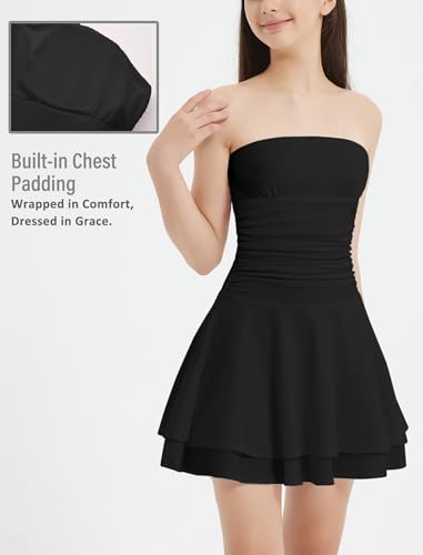 EXARUS Girls Dress Padded Long Sleeve/Strapless Ruffle Hem Teen Flowy Ruched A-Line Mini Dresses Dance Party Formal 8-142