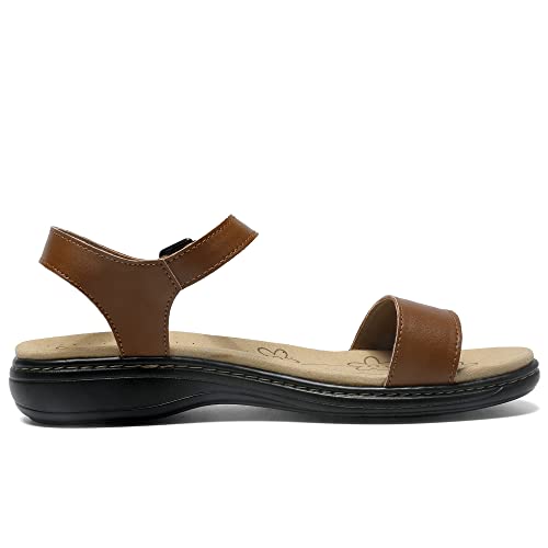 Image of Women's Classic Flat Sandals Leather Open Toes Memory Foam One Band Ankle Strap Adjustable Slip On Shoes