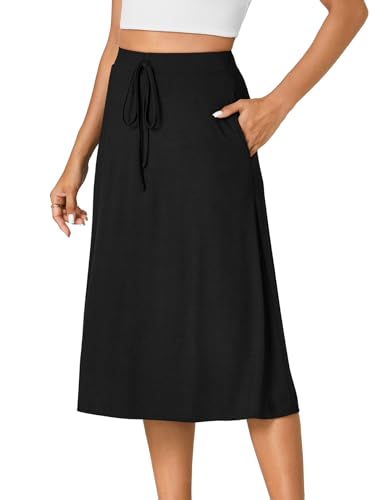 KIFOVEN Women’s Casual High Waist A Line Midi Skirt Flared Drawstring Stretchy Skirt3